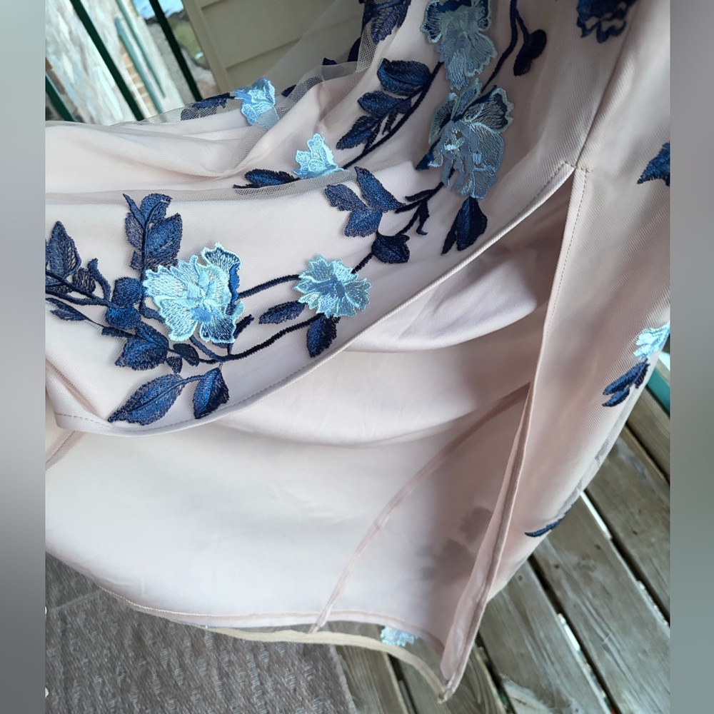 🆕 Adrianna Papell Nude & Blue Embroidered Mesh Gown Floral Column Dress Size 4 - Picture 13 of 17